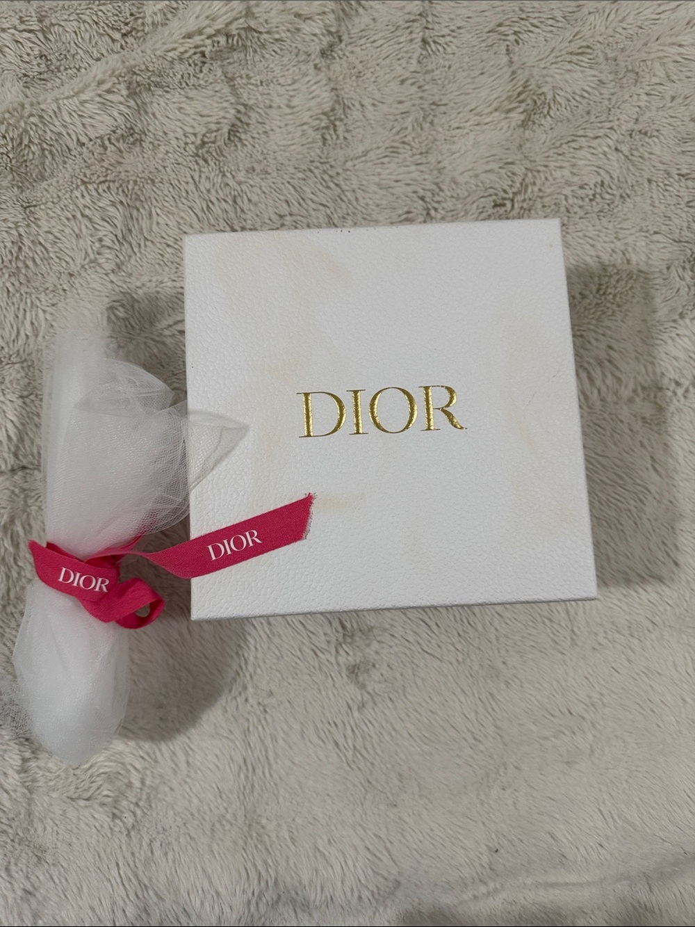 Dior White Gift Box with Gold Logo and Pink Ribbon Accent